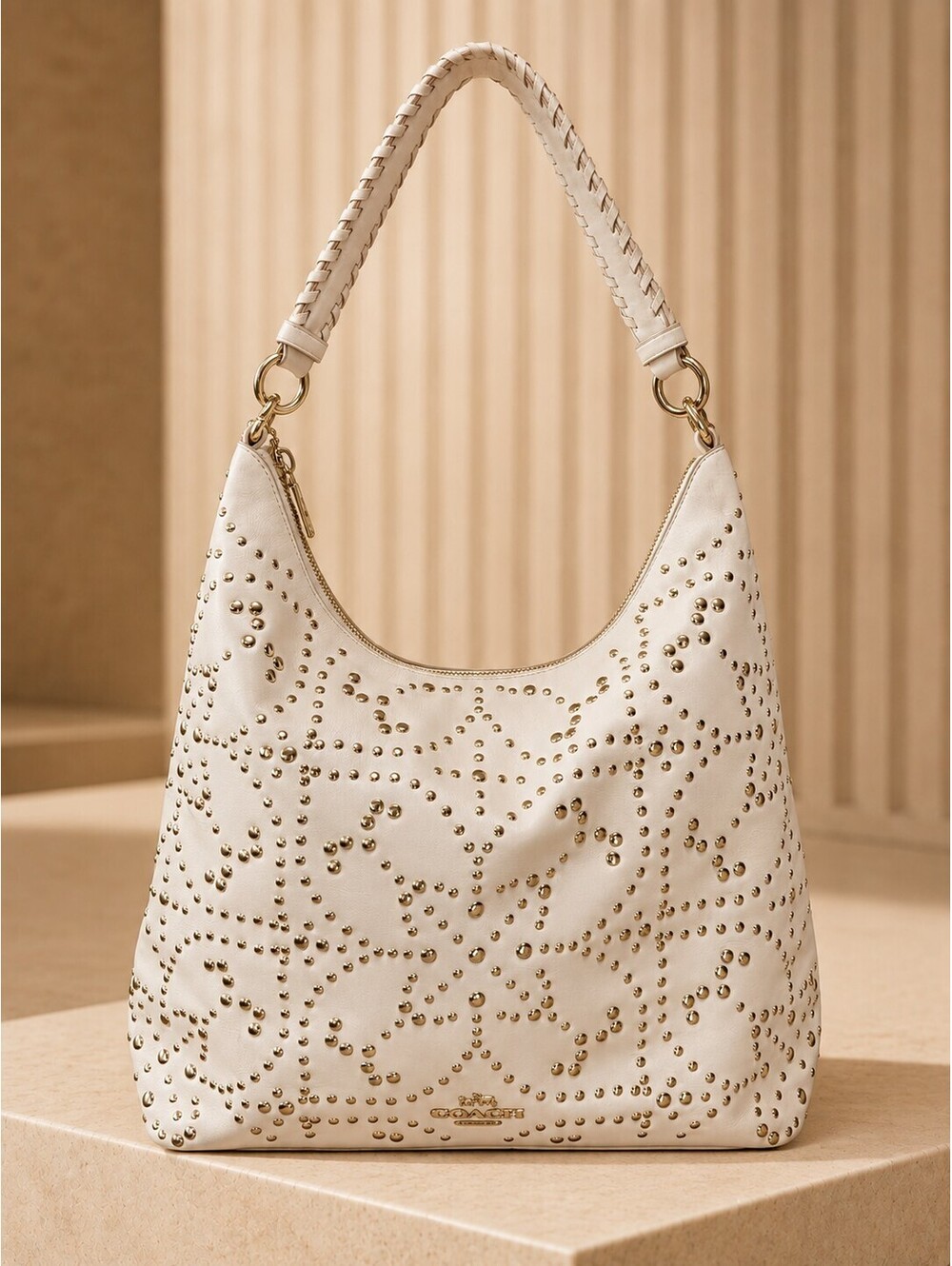 Coach Studded Leather Hobo Bag White Medium Shoulder Purse
